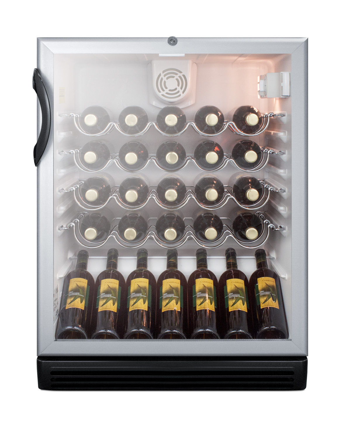 ADA compliant, commercially approved wine cellar for built-in undercounter use, with glass door, black cabinet and lock